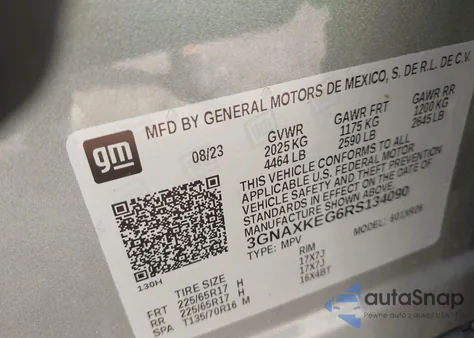 2024 Chevrolet Equinox Fwd Lt из США, поврежденный, VIN 3GNAXKEG6RS134090